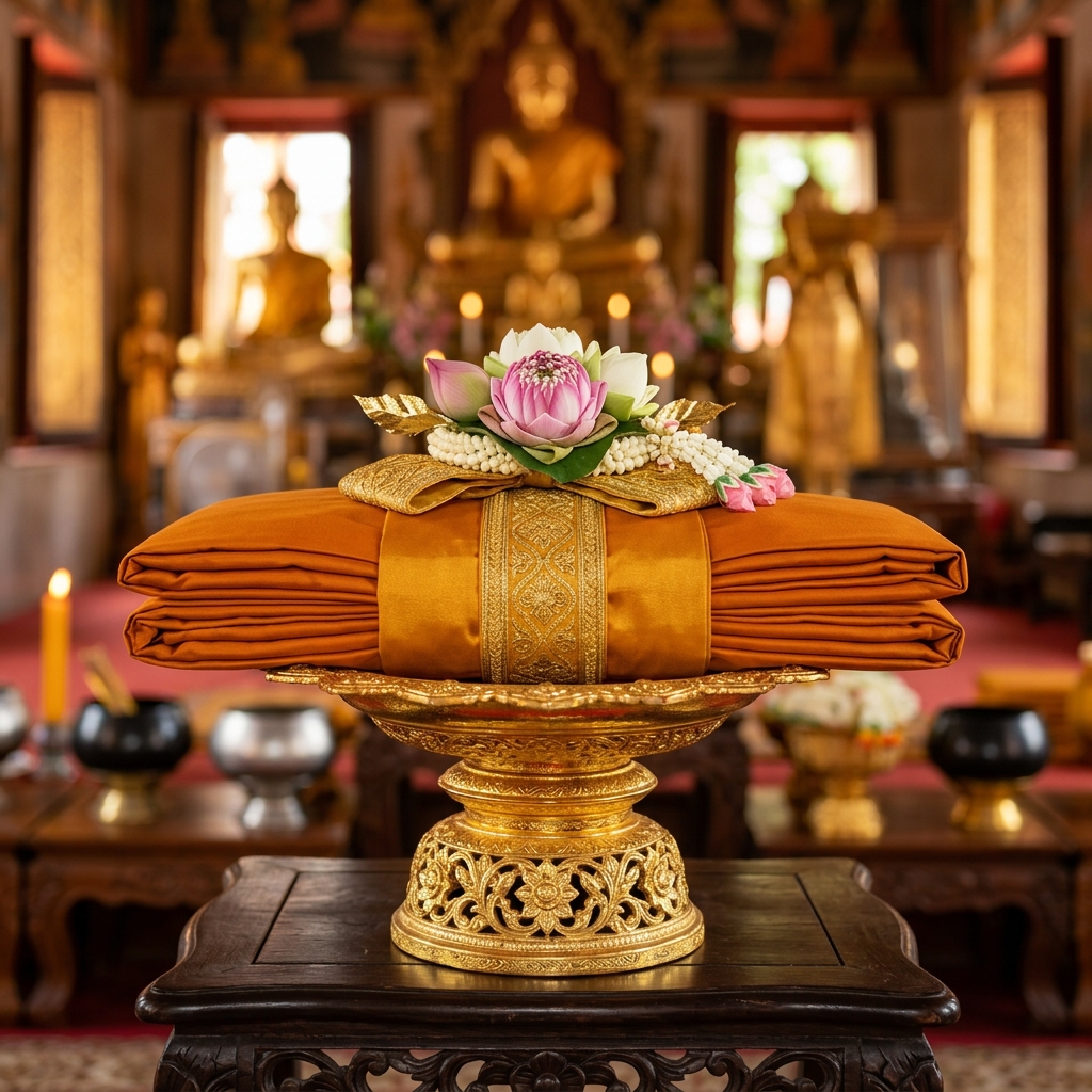 บุญรักษา ผ้าไตรเต็ม 7 ชิ้น ป่านโทเร 1.9 เมตร สีพระราชทาน